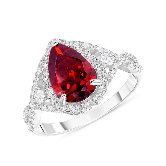 Silver 925 Rhodium Plated Ruby Cubic Zirconia Center Stone Tear Shape Ring